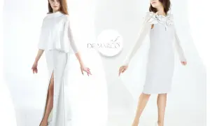 Elegancka stylizacja na wesele dla mamy: biała sukienka z trenczem i błyszcząca kreacja z rozcięciem.