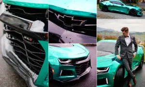 Błyszczący, turkusowy Chevrolet Camaro z bliska i z panem młodym w garniturze.