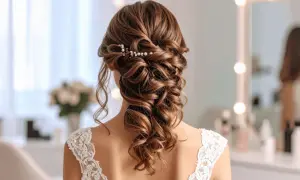 Elegancka fryzura w stylu boho z warkoczem i perłowymi ozdobami, idealna na ślub.