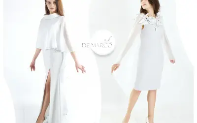 Elegancka stylizacja na wesele dla mamy: biała sukienka z trenczem i błyszcząca kreacja z rozcięciem.