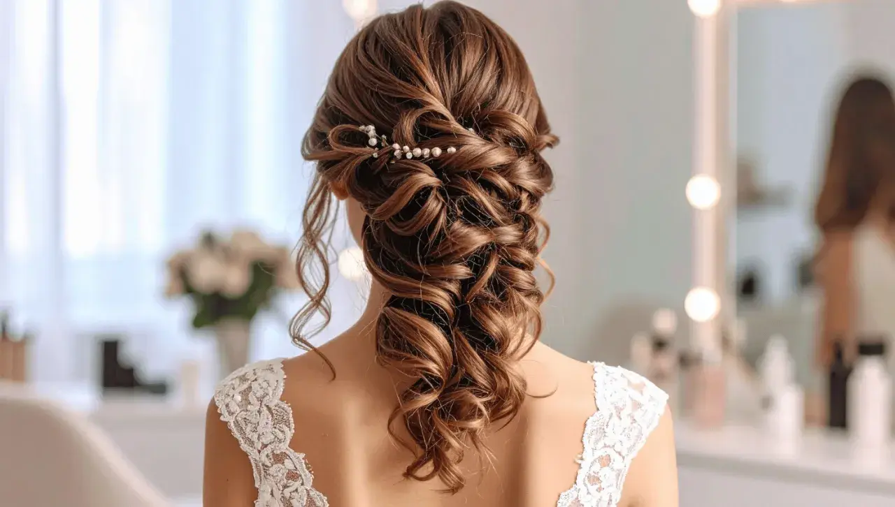 Elegancka fryzura w stylu boho z warkoczem i perłowymi ozdobami, idealna na ślub.
